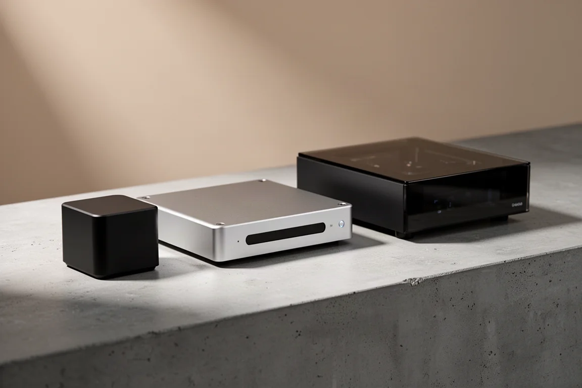 Three hi-fi music streamers of different sizes arranged on a concrete shelf