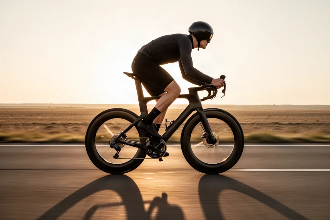 Radfahrer fährt schnell auf einem Carbon-Aero-Rennrad über eine flache, offene Straße