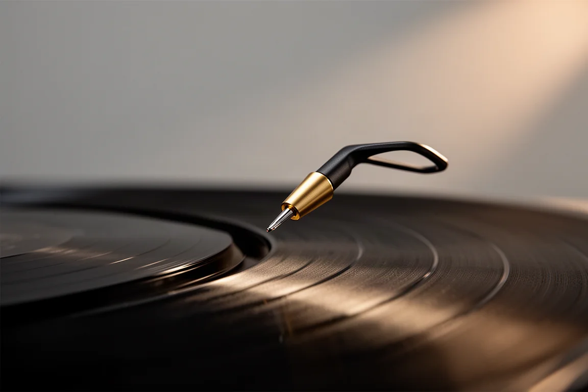 Vue macro d'une pointe de stylet reposant dans le sillon d'un disque vinyle