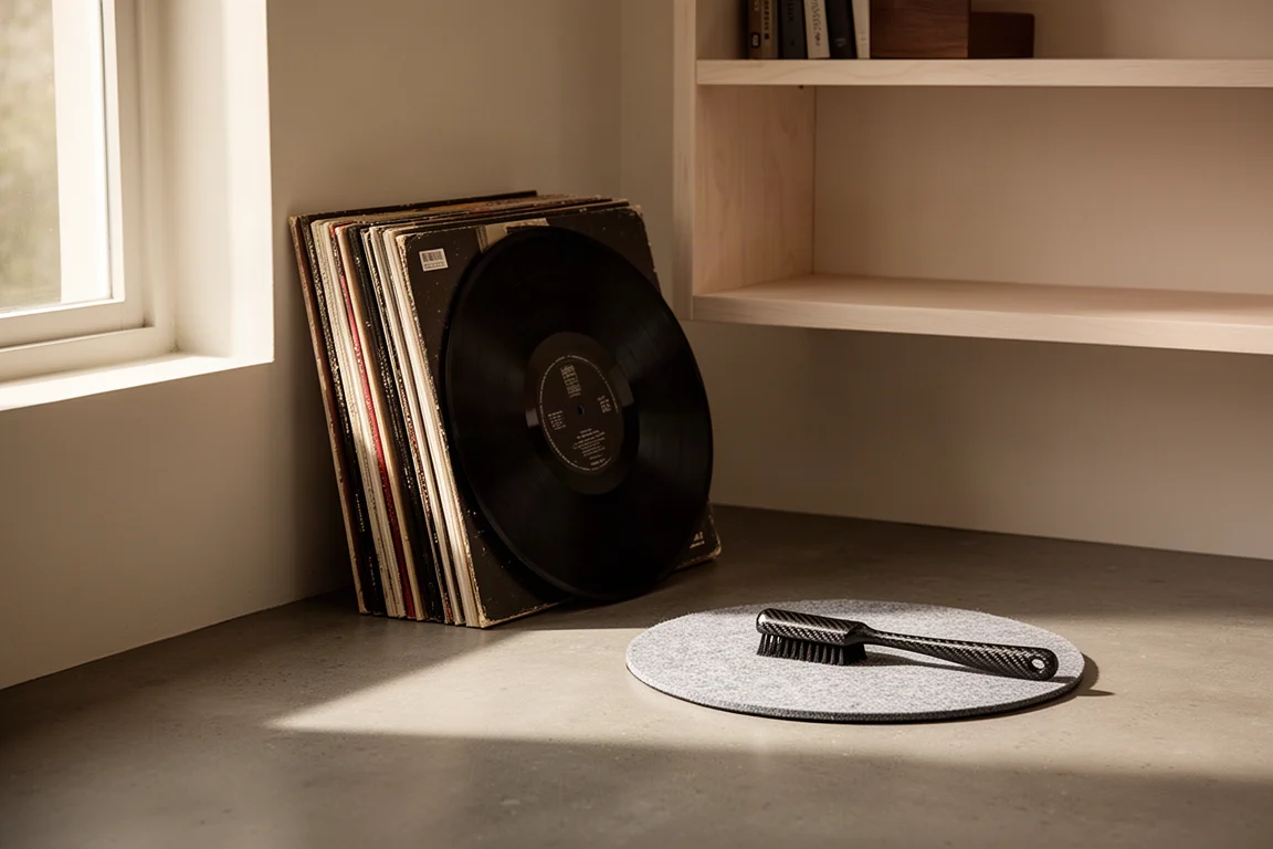 Pile de disques vinyle appuyée contre une étagère en bois avec une brosse à disques