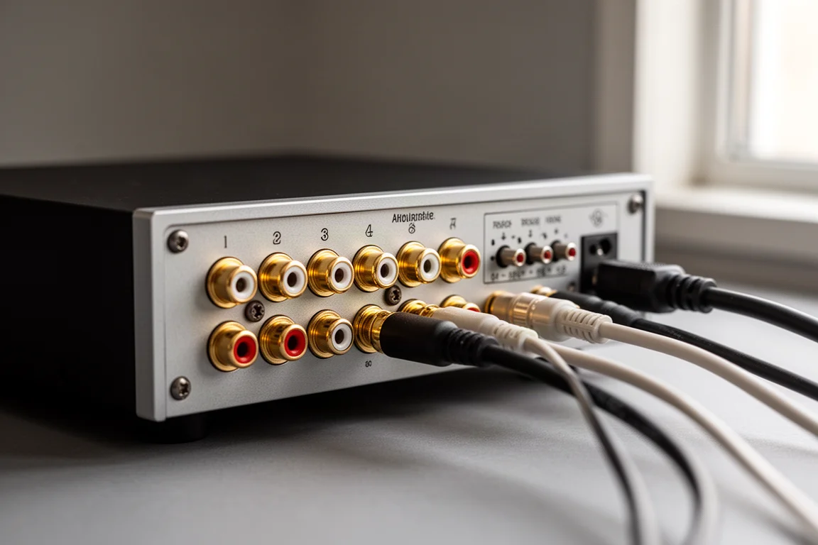 Gros plan sur des fiches RCA dorées et des commutateurs de réglage à l'arrière d'un préampli phono