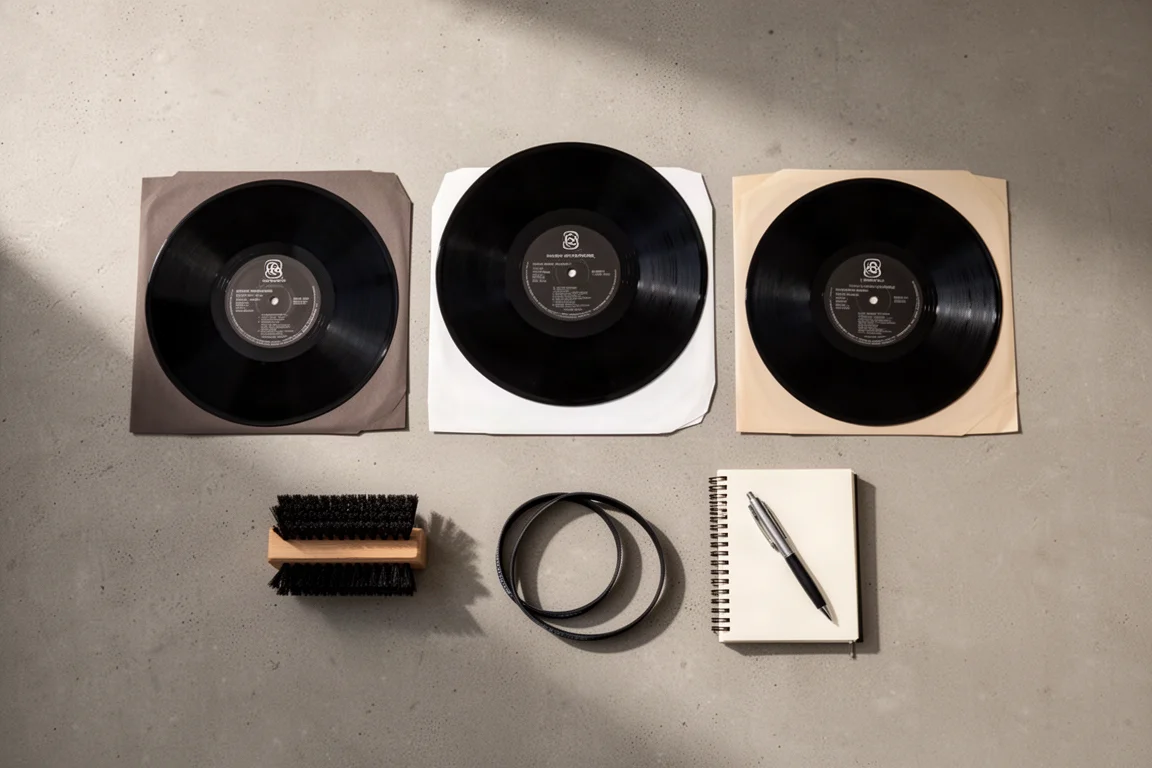 Vue à plat de disques vinyle, brosse de nettoyage, courroie de rechange et carnet