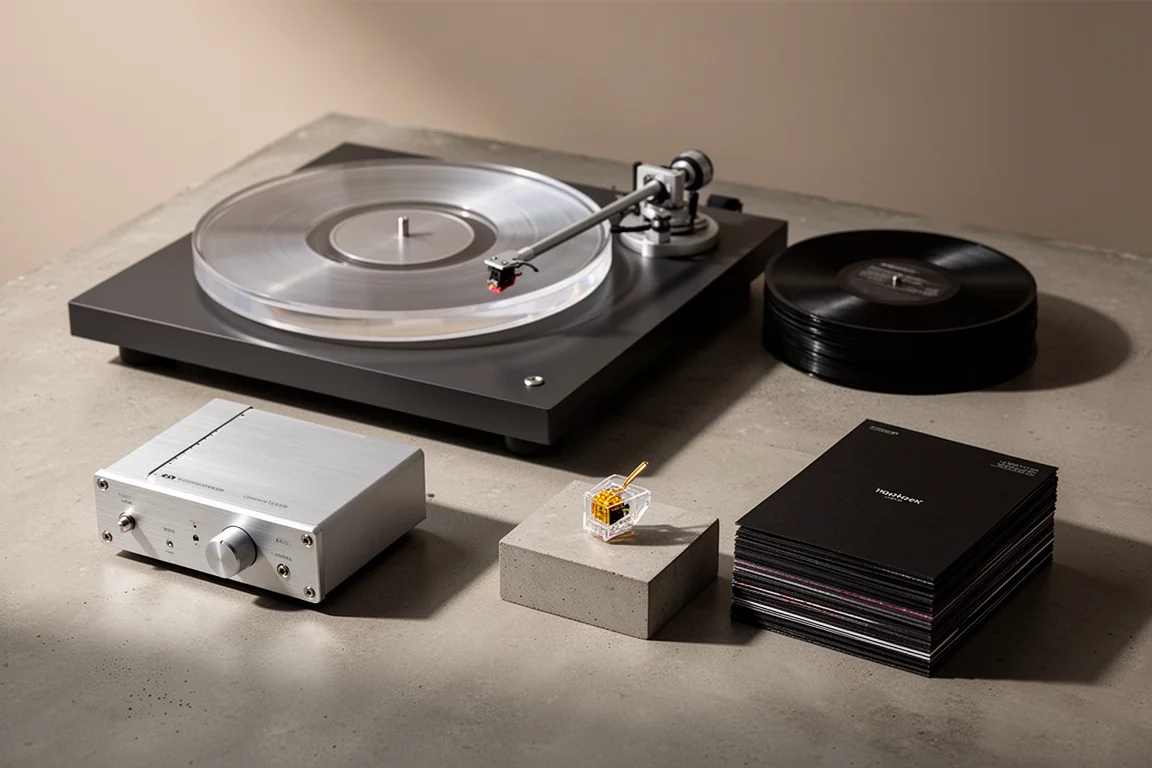 Turntable with acrylic platter, phono preamp and cartridge beside a stack of vinyl records