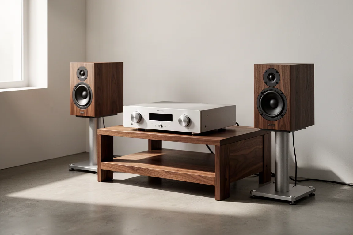 Minimalist listening room with integrated amplifier and bookshelf speakers