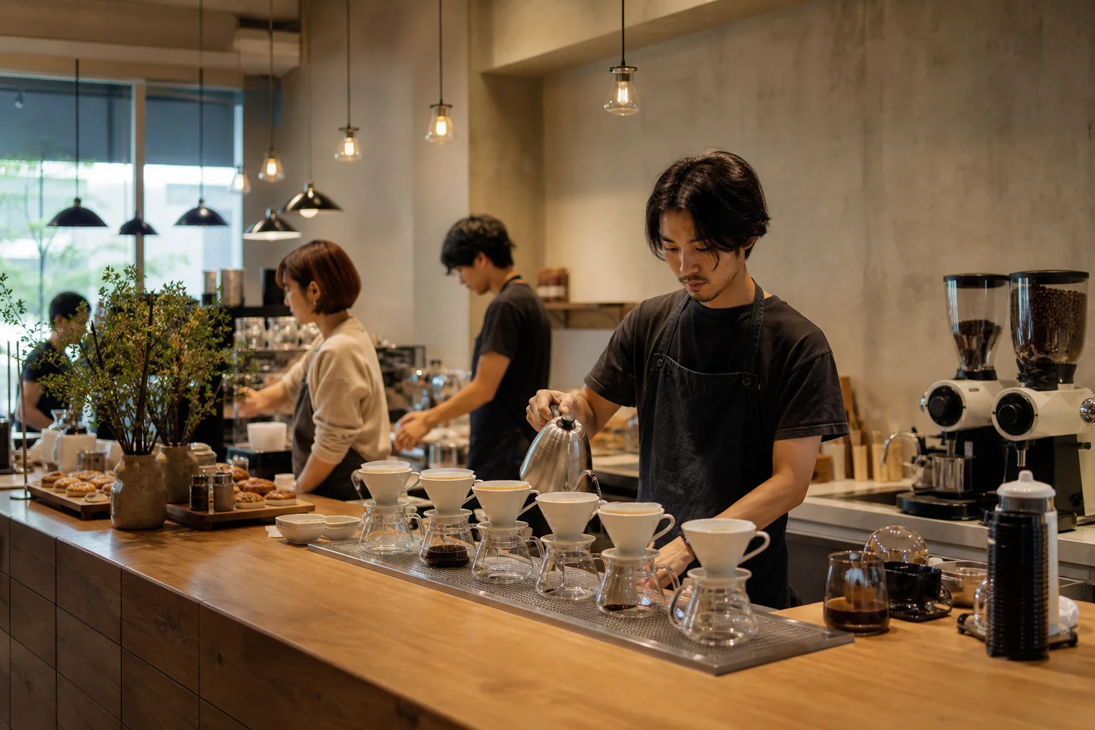 Specialty coffee shop pour-over bar with multiple V60 drippers