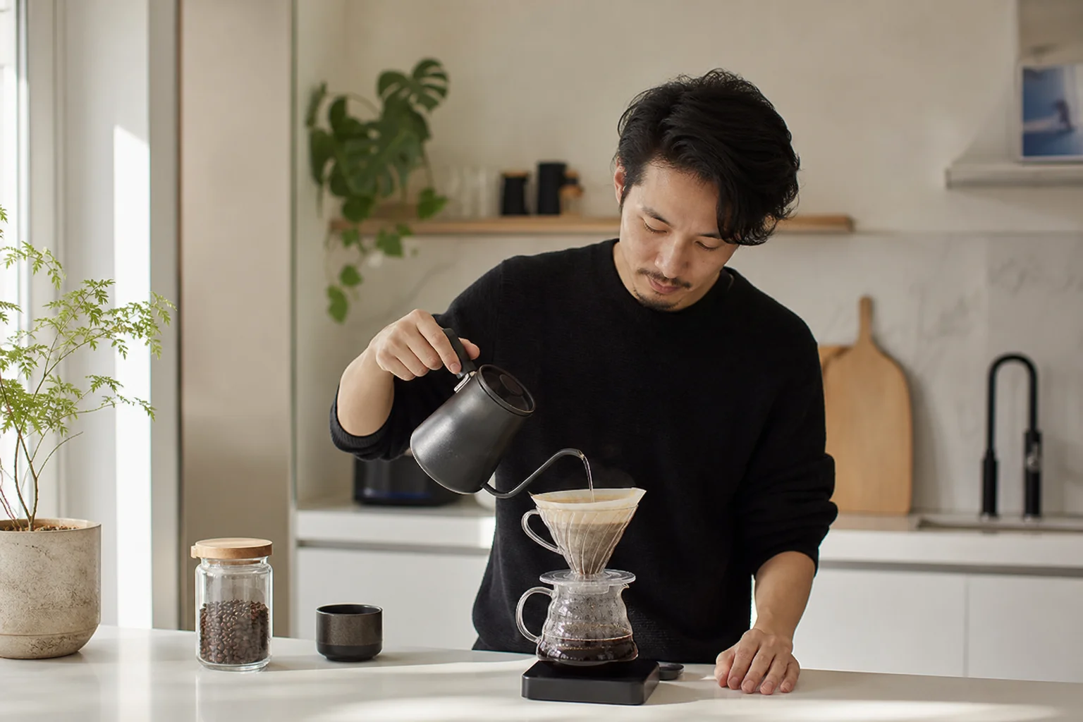 Home coffee enthusiast brewing pour-over with V60 in bright kitchen