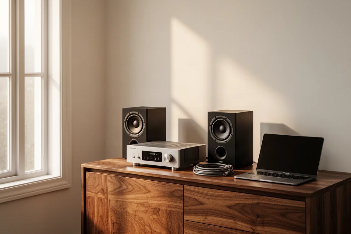 Canto de escuta pequeno com amplificador compacto e caixa bookshelf sobre um aparador de madeira