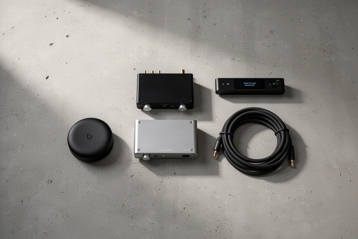 Vista superior de um pequeno sistema hi-fi com streamer, amplificador, DAC e cabos