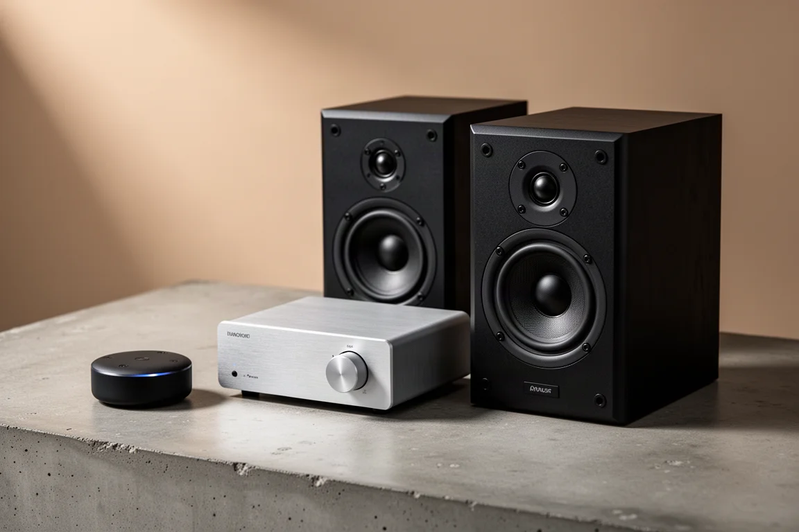 Compact budget hi-fi system with streamer, small amplifier and bookshelf speakers on concrete