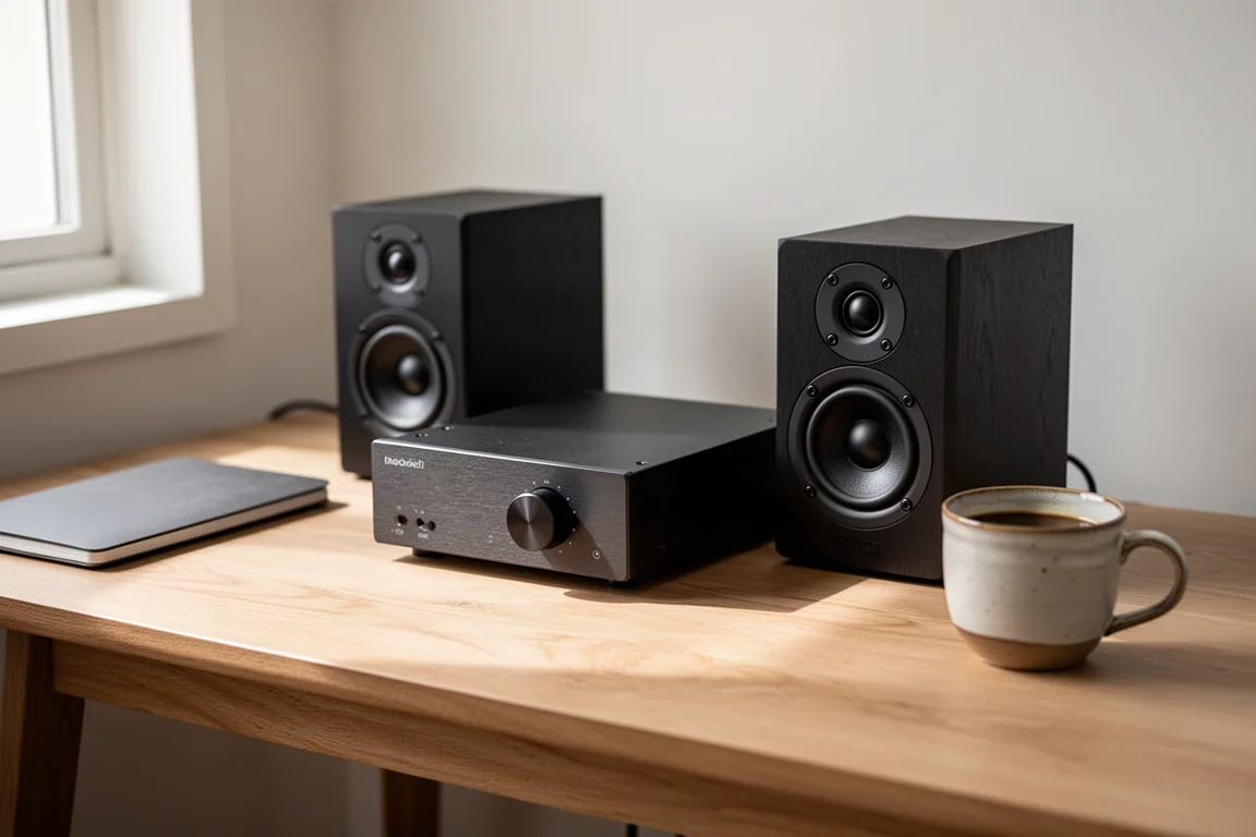 Compact desktop amplifier and small black bookshelf speakers on a light oak desk