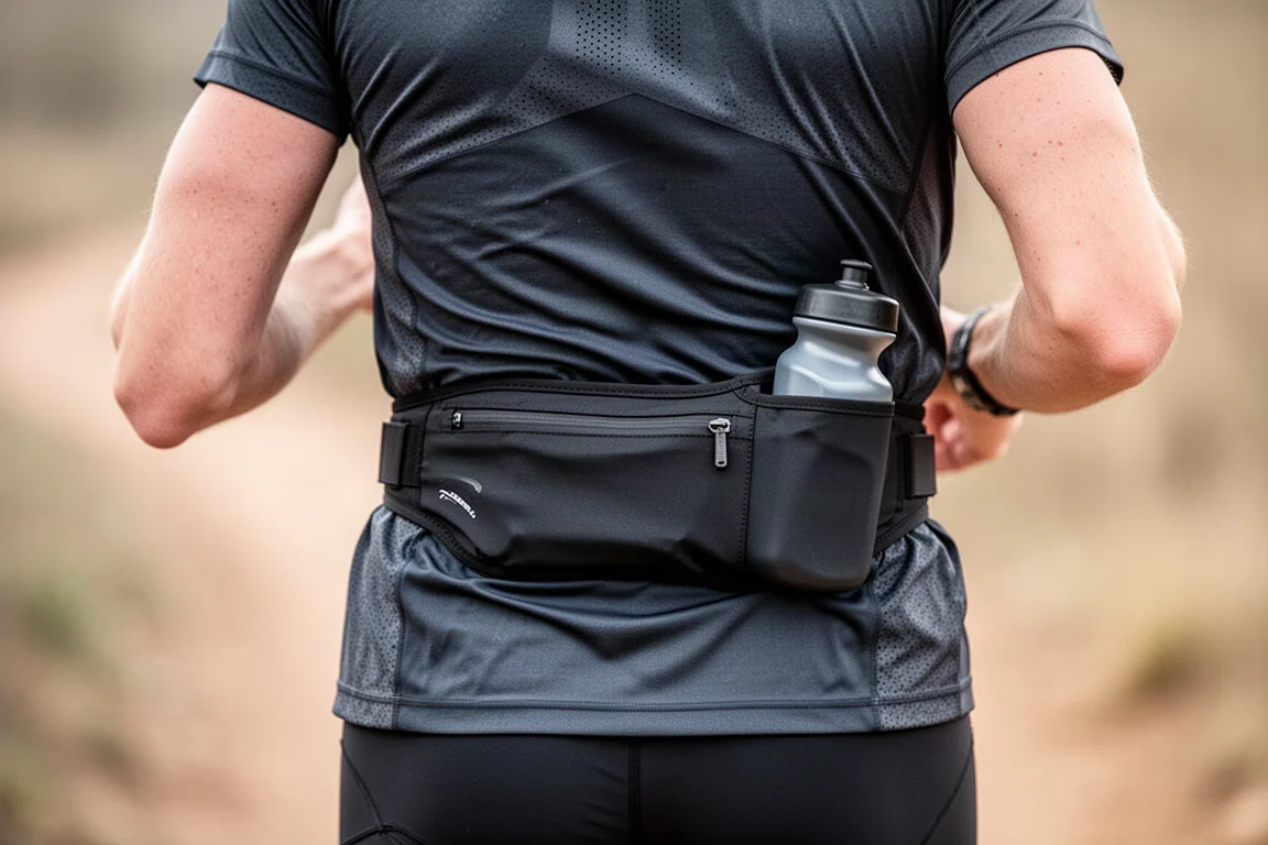 Slimme hardloopheupgordel met een klein gebogen flesje achterin