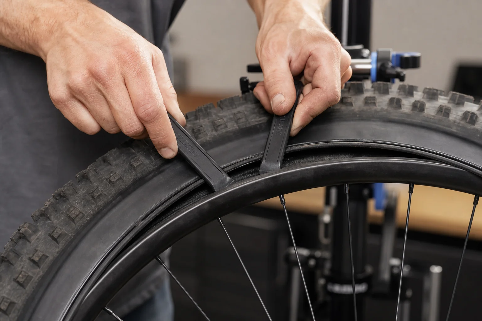 Mecánico usando palancas de neumáticos para destalonar un neumático de bicicleta de montaña