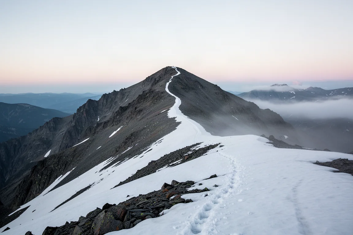 Hochalpiner Grat im Morgengrauen mit klarer Schneegrenze und einem schwachen Trail zum Kamm