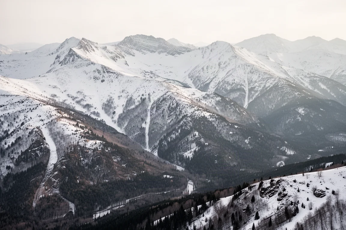 Erhöhte Luftaufnahme eines schneebedeckten Gebirges mit Bergrücken und dunklem Wald