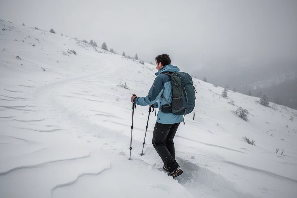 Wanderer mit Trekkingstöcken steigt bei bedecktem Licht einen verschneiten Serpentinenweg hinauf