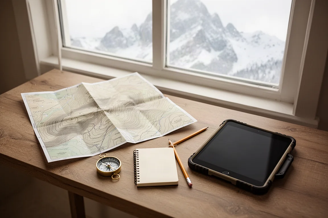 Flache Anordnung von Papierkarte, Kompass, Notizbuch und Tablet auf einem Tisch an einem verschneiten Fenster