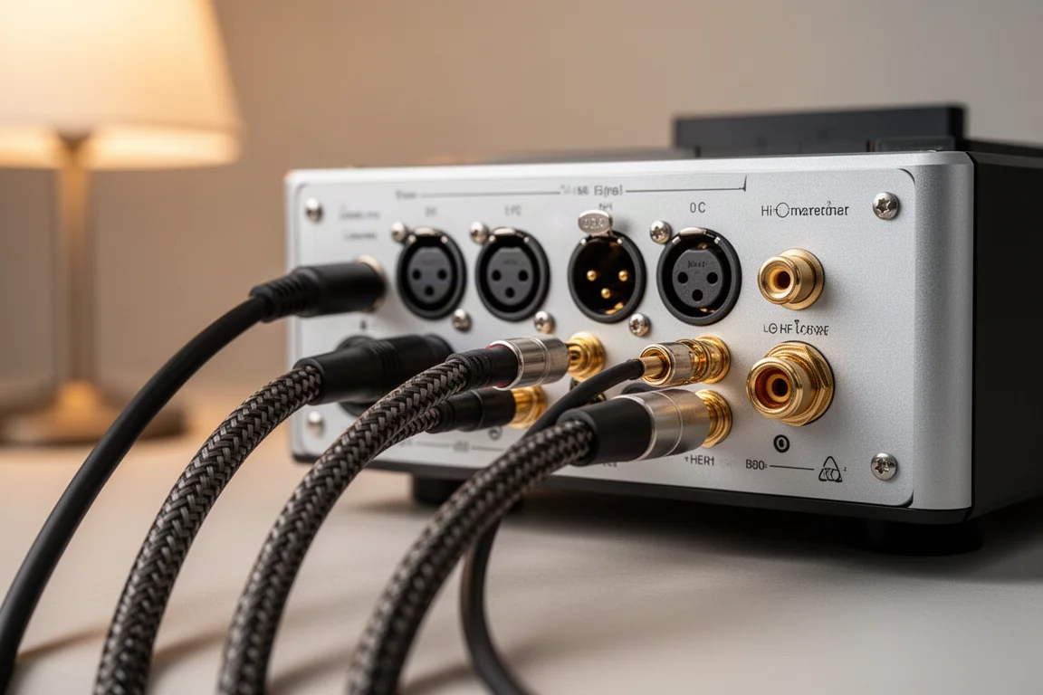 連接到音響轉換器背板的平衡 XLR 與 RCA 線材
