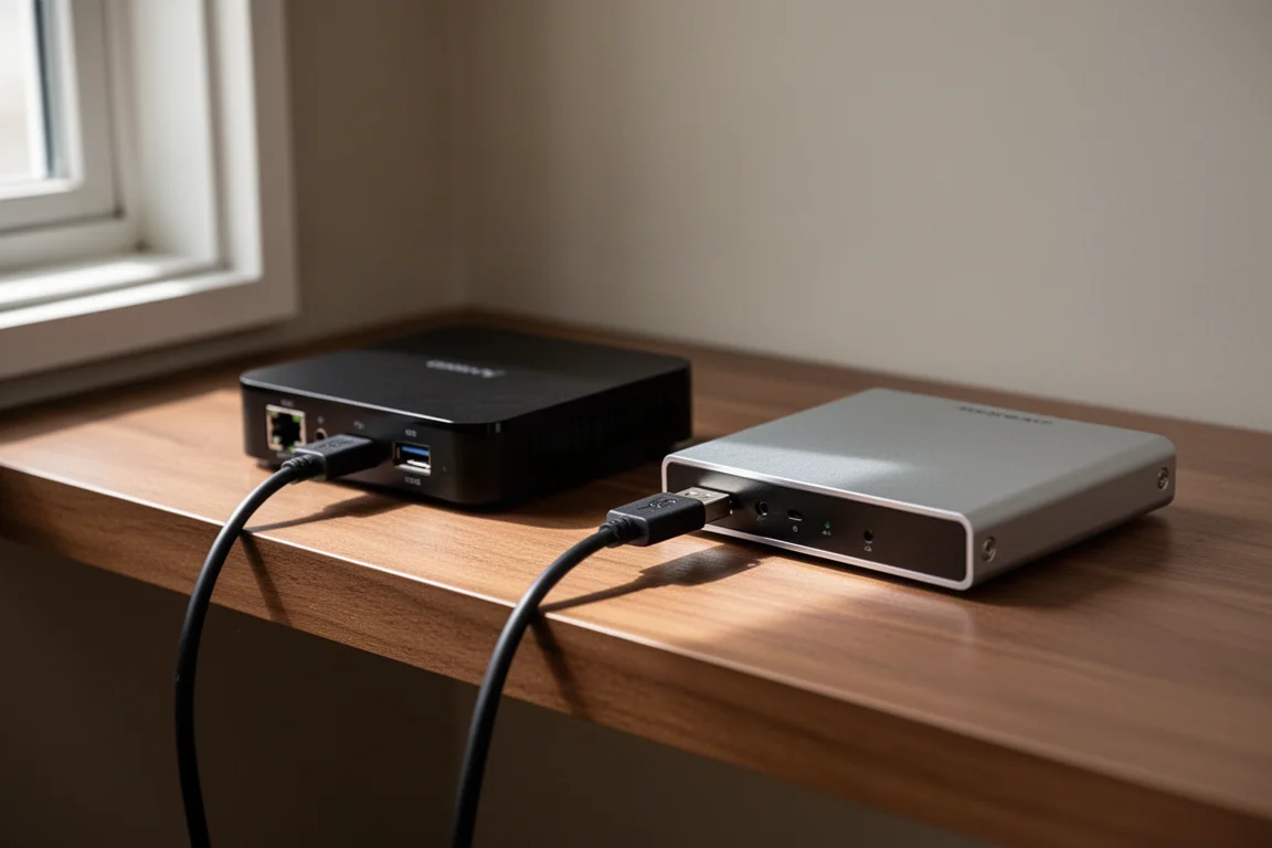 木層架上,USB 線連接小型串流機與桌上型 DAC