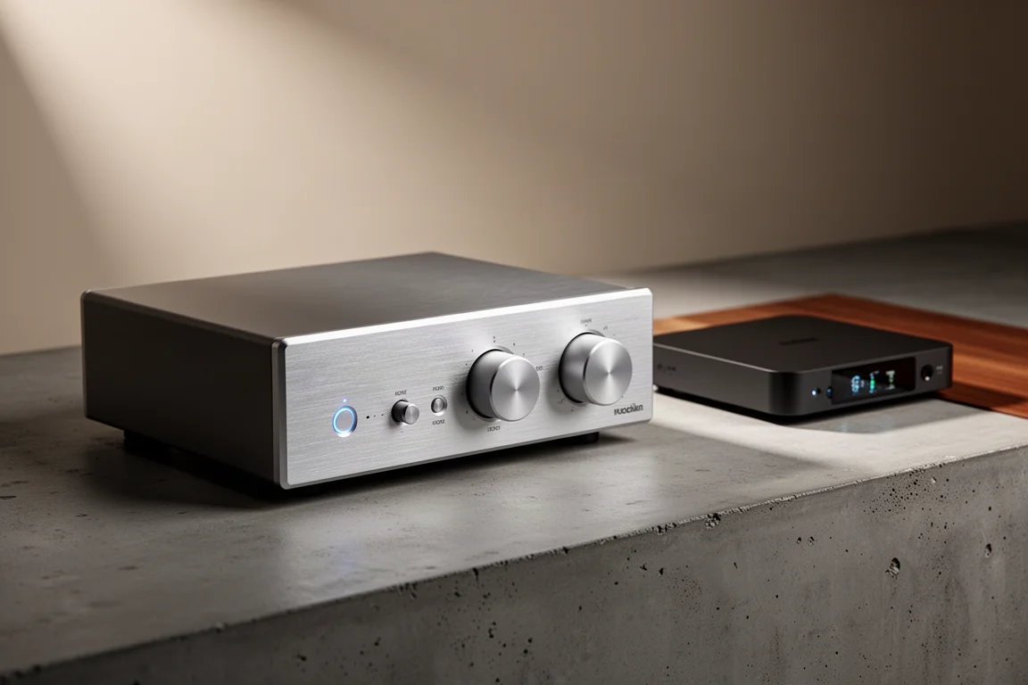 High-end brushed aluminium DAC beside a compact streamer on a matte concrete surface