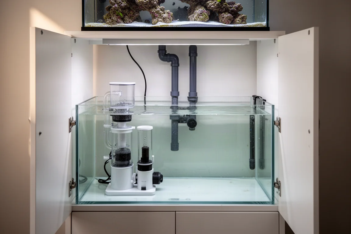 Meuble d'aquarium ouvert montrant un sump en verre très dégagé avec écumeur et pompe de remontée