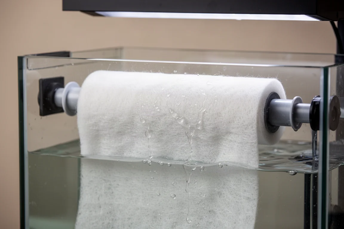 Gros plan sur un rouleau de filtration en feutre à l'intérieur d'un sump d'aquarium
