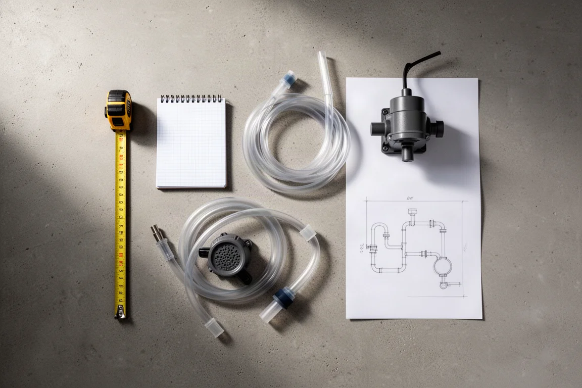 Vue de dessus à plat d'outils de planification pour aquarium récifal, dont un mètre ruban et un tuyau de siphonnage