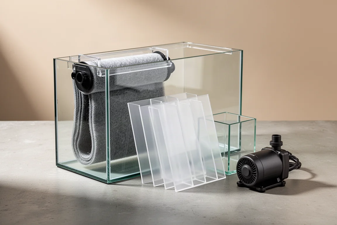 Drei Produkte für Aquarien-Technikbecken auf einer Betonfläche für einen Kaufratgeber