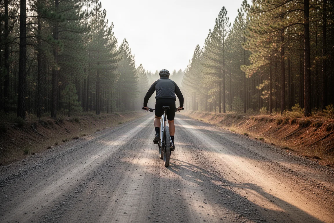 Rider on an electric hardtail climbing a gravel fire road in morning light