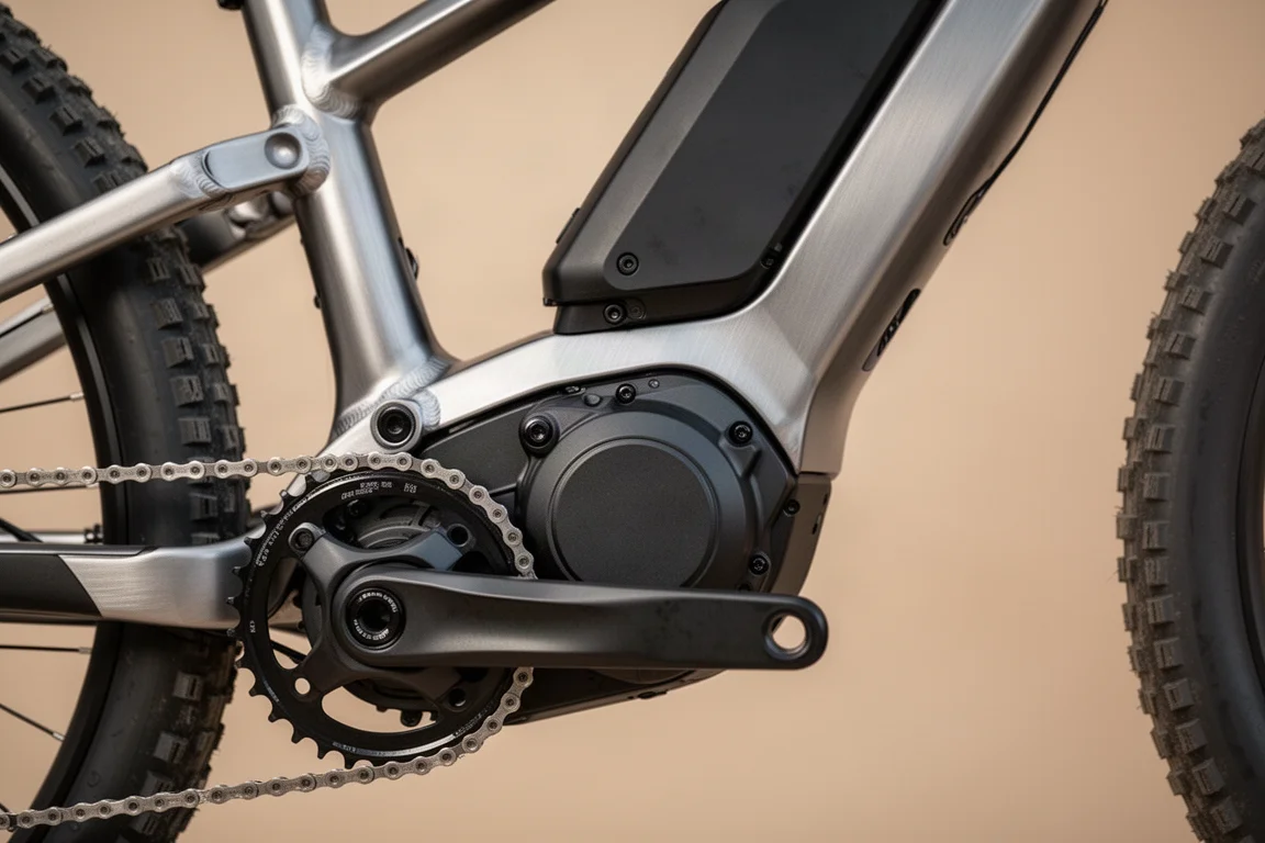 Close-up of a mid-drive motor and downtube battery on an electric mountain bike