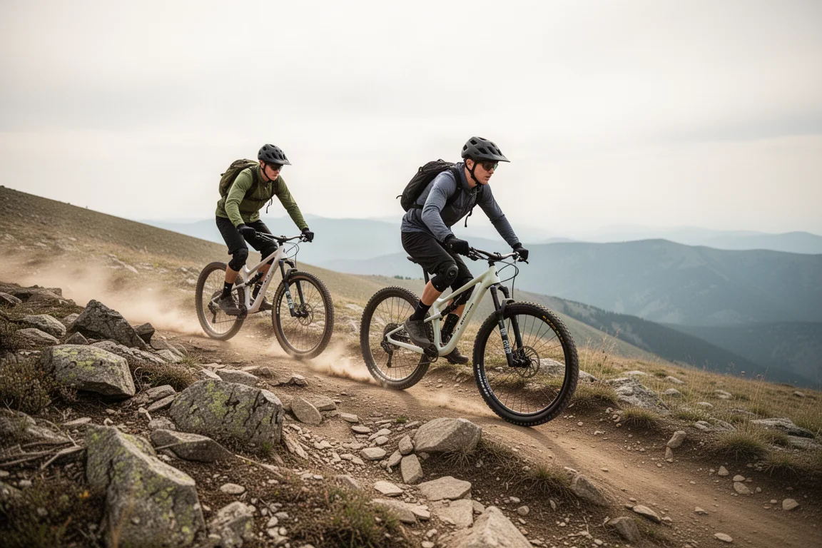 Two riders on a rocky mountain trail with one lightweight electric mountain bike