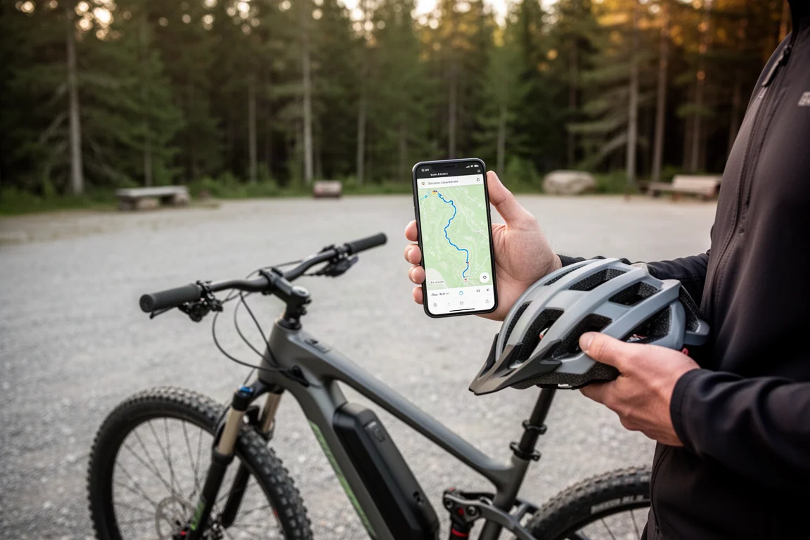 Mountain biker reviewing a route on a phone beside an electric mountain bike