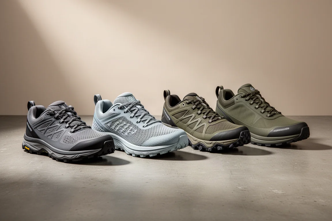 Hiking shoe, trail runner, and folded merino socks arranged on concrete