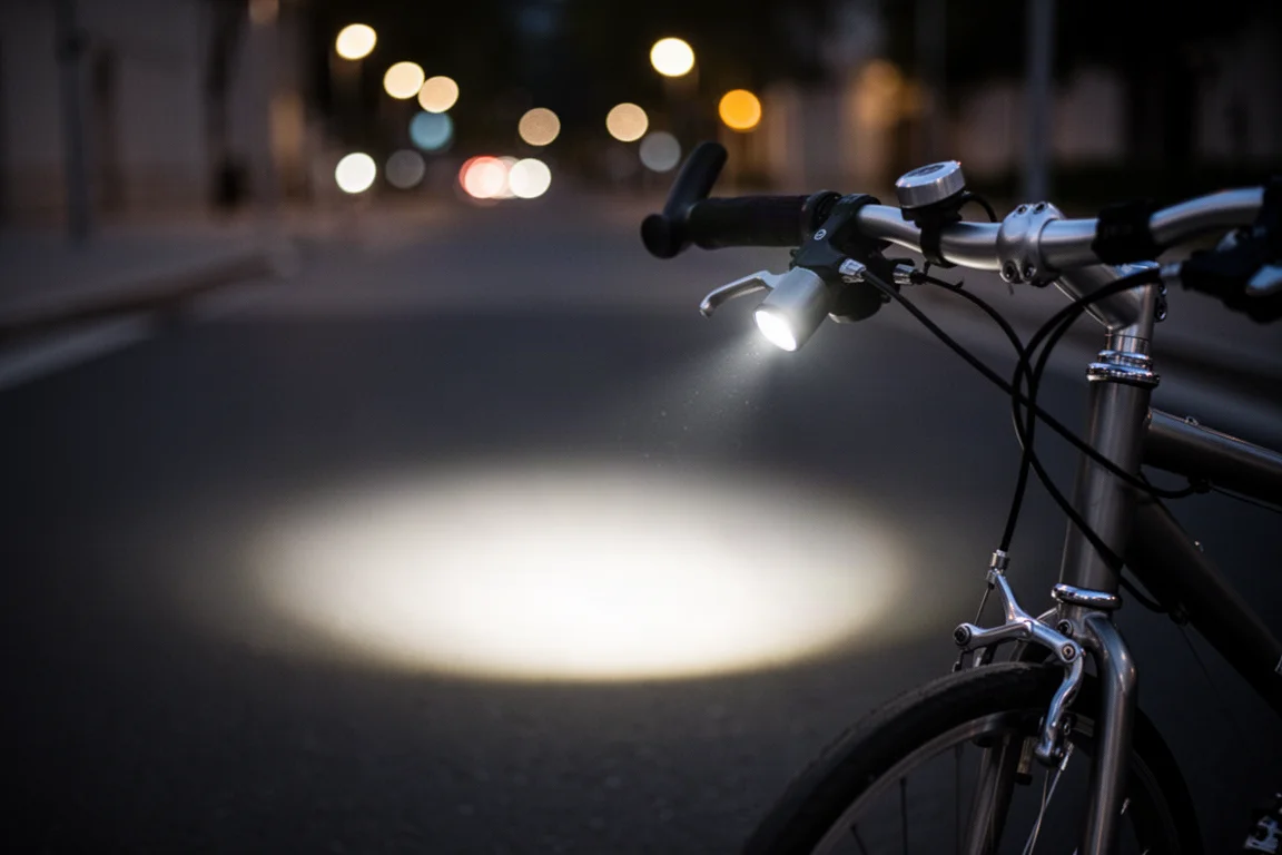 Närbild på en styrmonterad lampa som kastar en ljus pöl på mörk asfalt