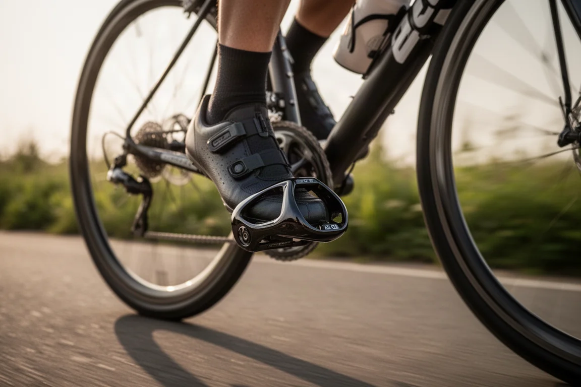 Pied d'un cycliste engageant une pédale de route sur un vélo en mouvement à vive allure