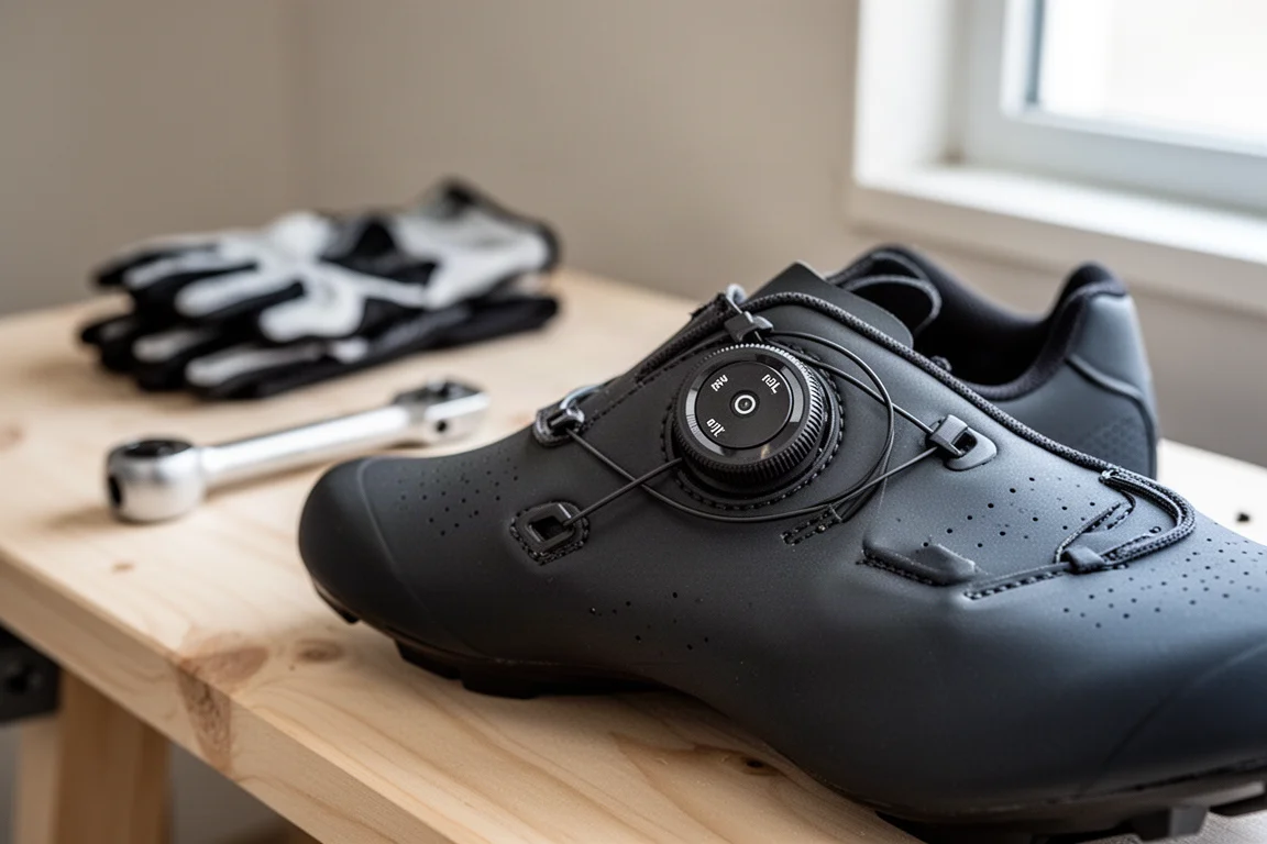 Fermeture à molette sur une chaussure de vélo posée sur un établi en bois