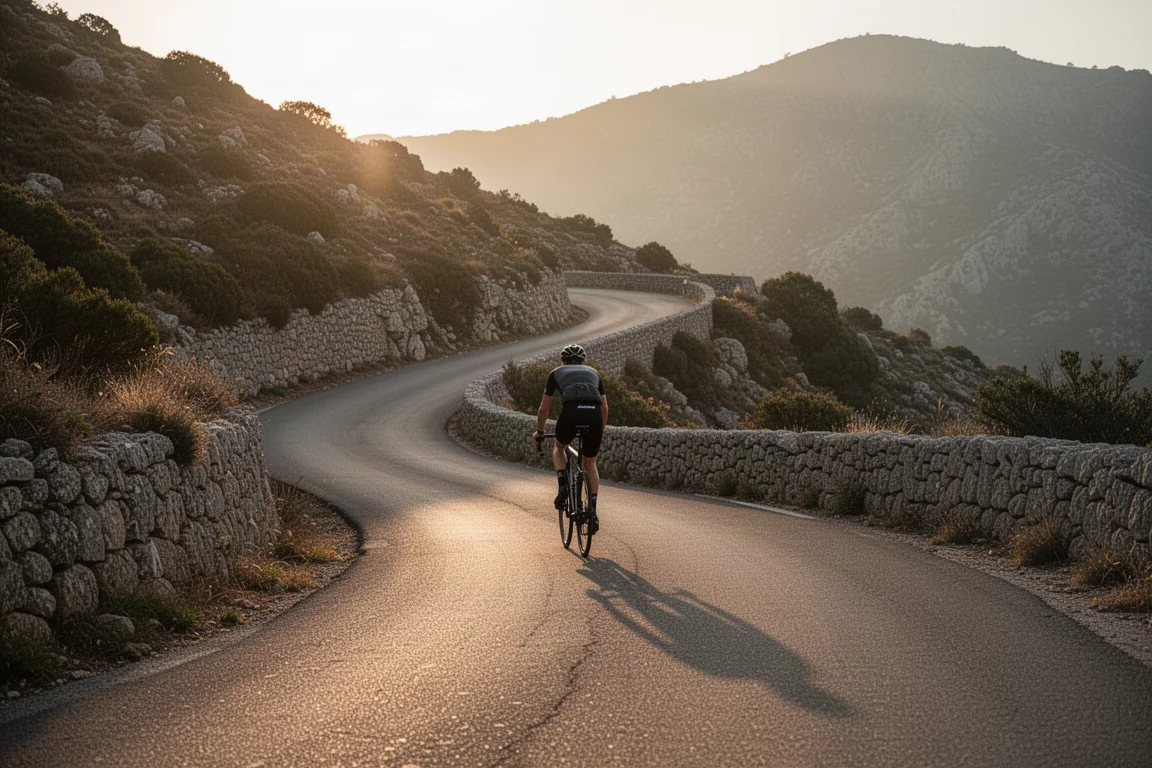 Cycliste gravissant une route de montagne en lacets à l'heure dorée