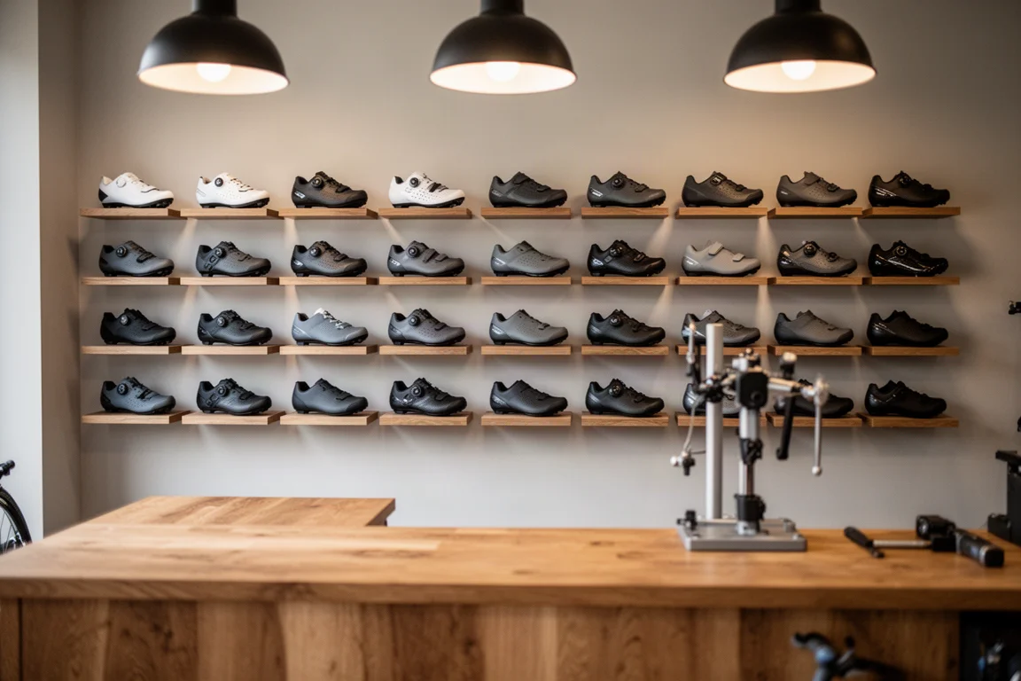 Intérieur d'un magasin de vélos avec un mur de chaussures de vélo exposées