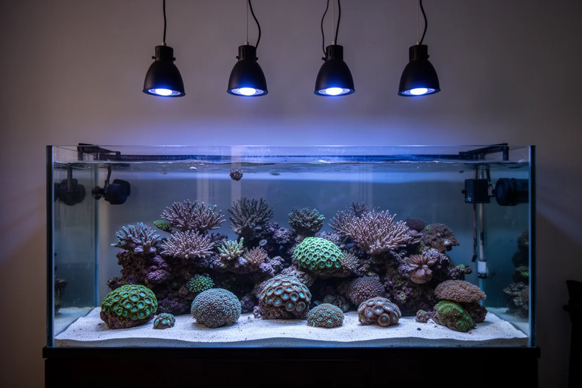 Acquario marino maturo illuminato da sospensioni LED a prevalenza blu in una stanza in penombra