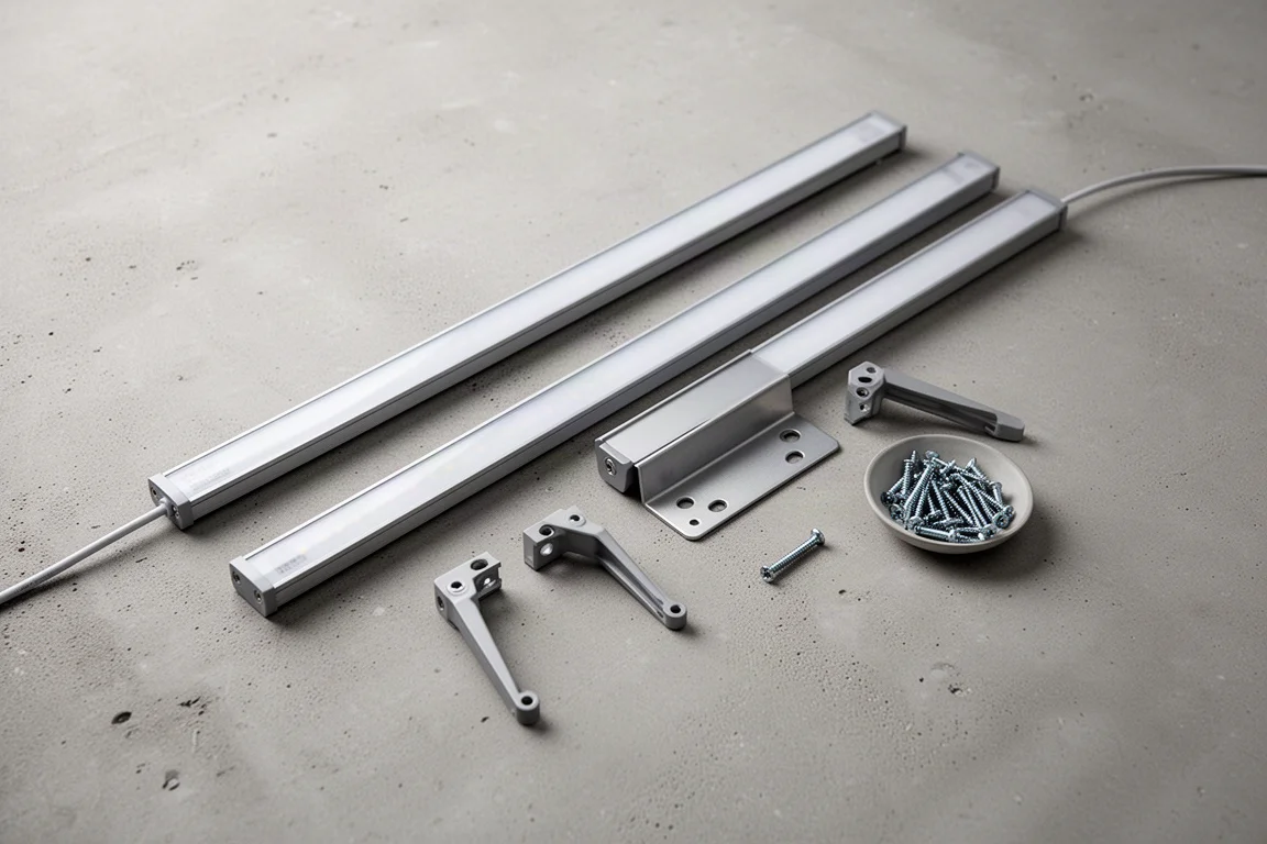Flat lay di barre LED, piedini di montaggio, piastra a staffa e viti su cemento