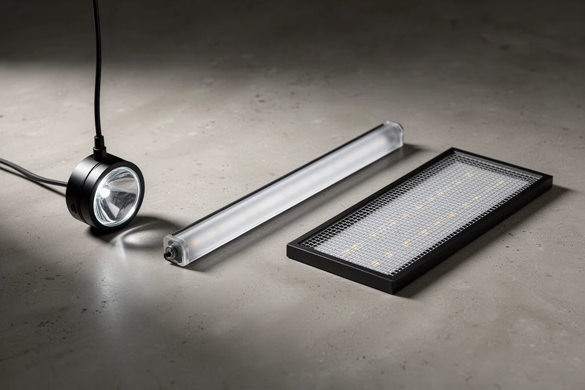 コンクリート上に置かれた3台のリーフ水槽用LED器具、丸型ペンダント、スリムバー、ワイドパネル