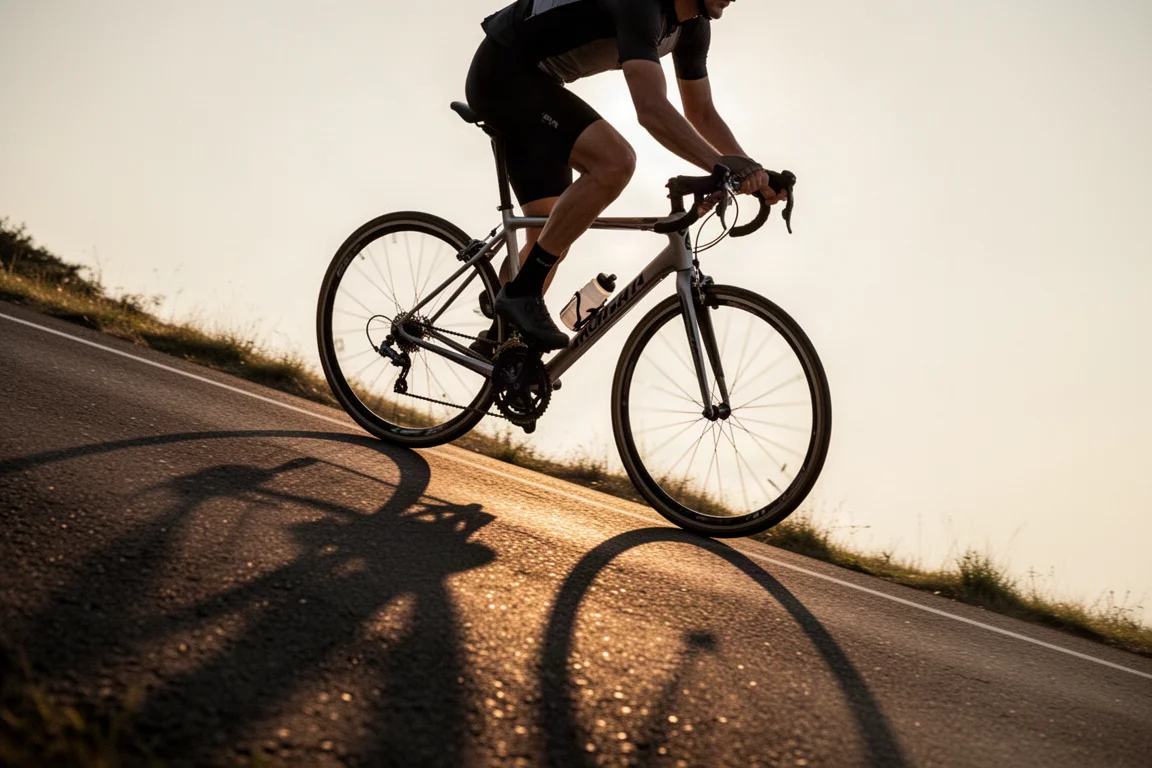 Oficina de bike fit com uma speed no suporte e selins de teste em uma prateleira