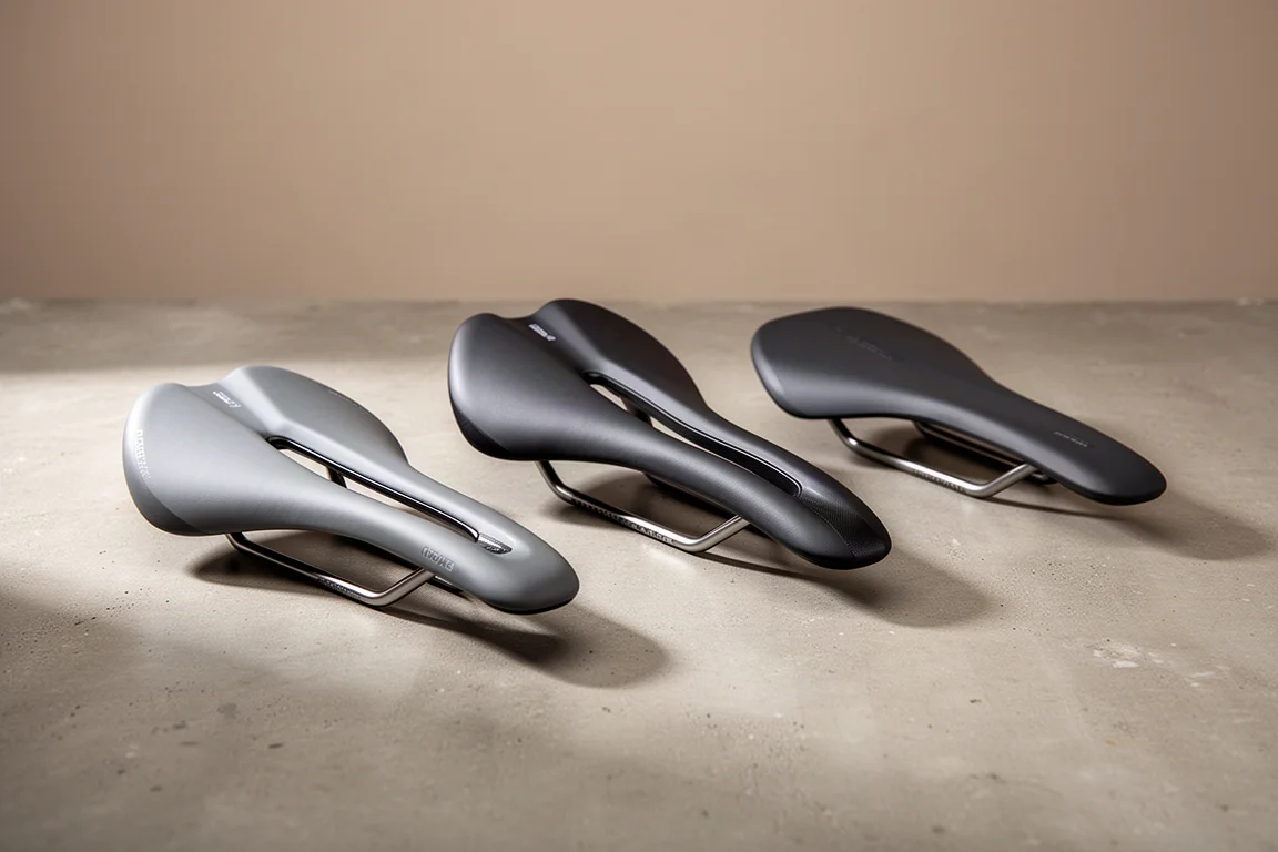 Three road bike saddles arranged in a row on a concrete surface