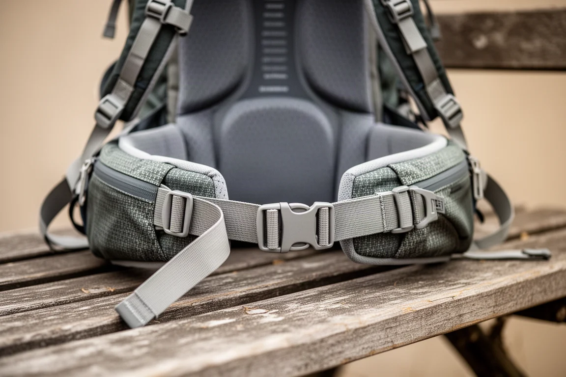 Nahaufnahme eines ultraleichten Rucksack-Schultergurts und Hüftgurt-Gewebes auf Granit