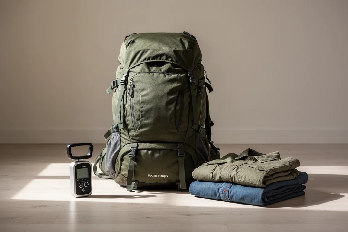Draufsicht auf Trekkingausrüstung neben einem leeren Rucksack auf Holzboden