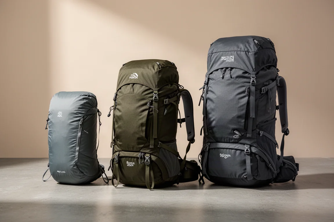 Ultralight 40 litre and traditional 50 litre backpacking packs side by side on concrete