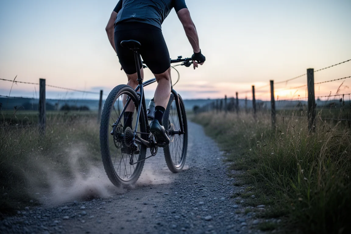 Radfahrer auf einer Schotterstraße durch offene Landschaft in der Dämmerung, niedriger Seitenwinkel