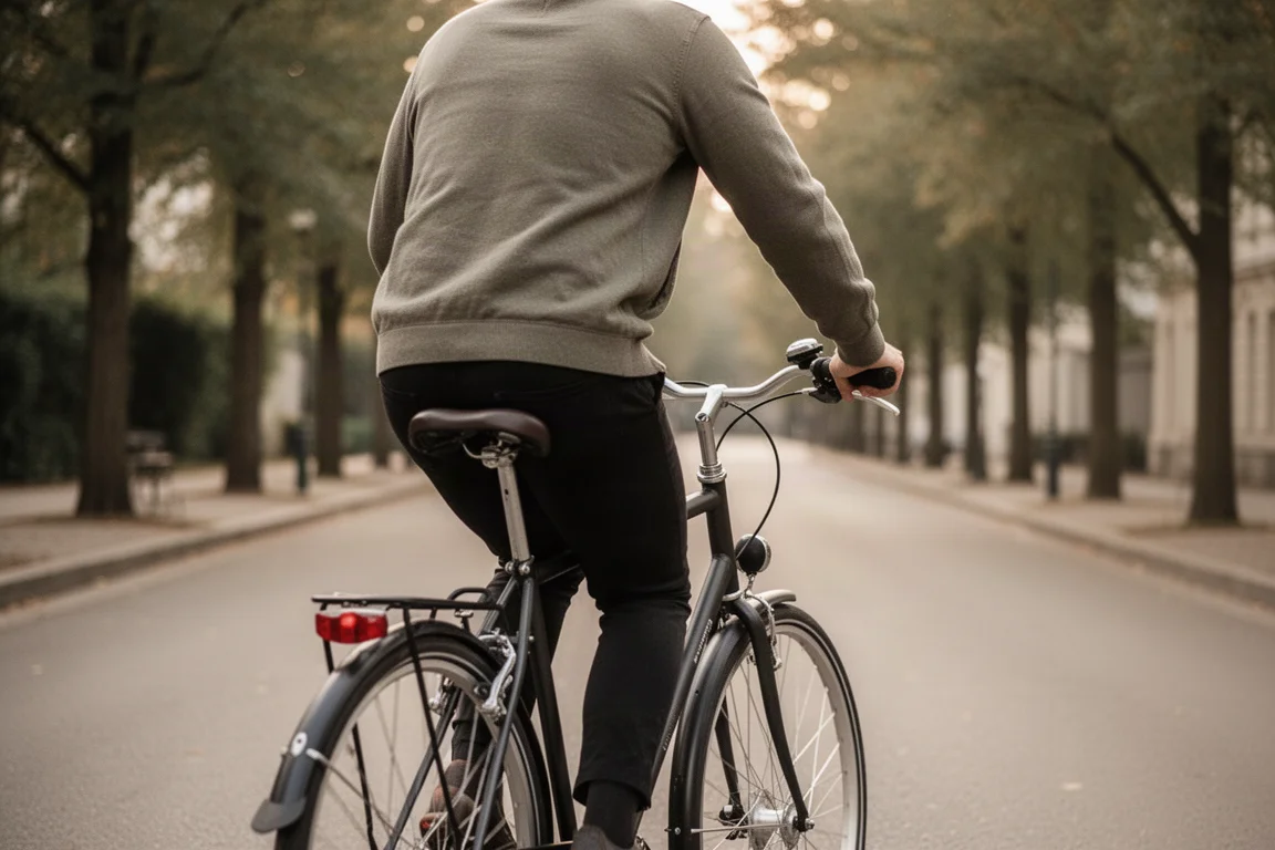 Cyclist riding in an upright position on a city bike along a tree-lined street
