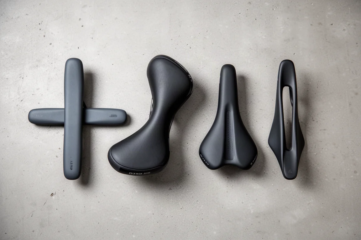 Overhead flat-lay of four bicycle saddles with different profiles on concrete