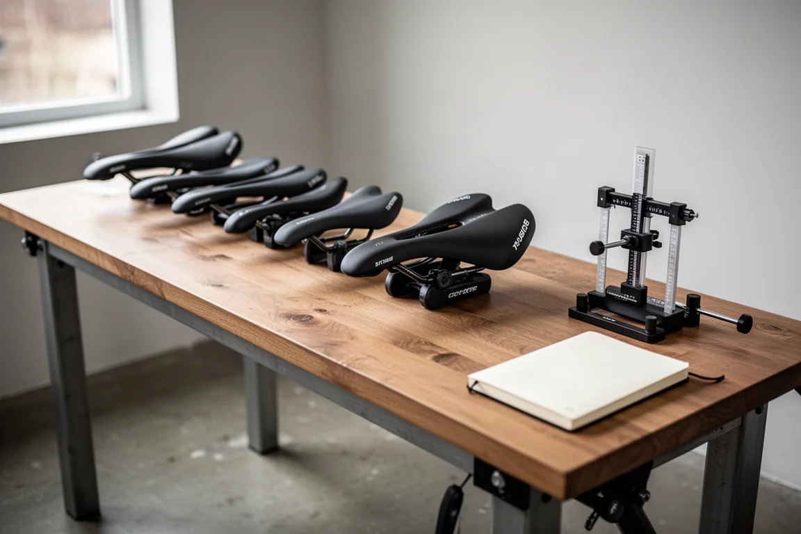 Bike fit workshop bench with test saddles, a measuring jig and a notebook