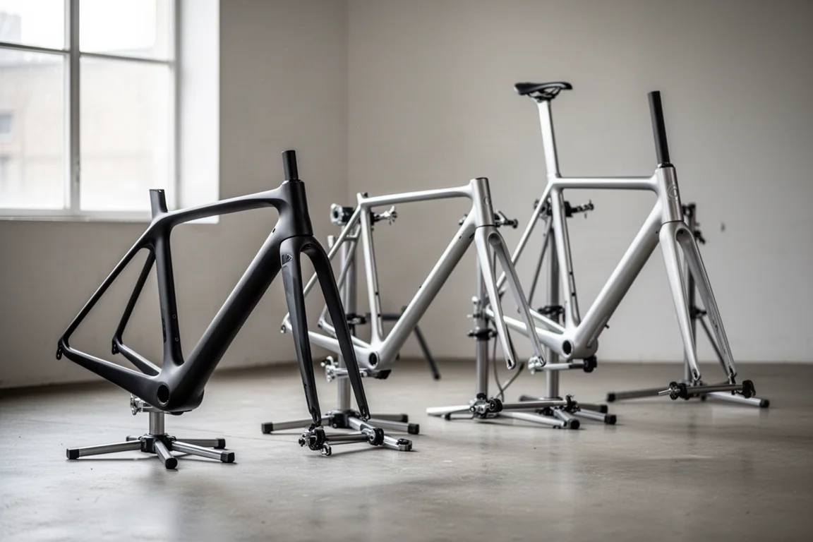 Vários quadros de road bike com perfis de tubo diferentes enfileirados em suportes de oficina